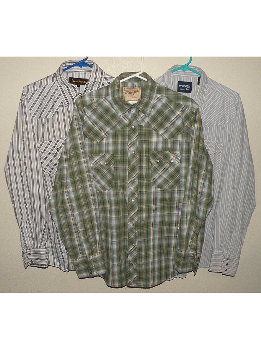 Lot 3 Wrangler Liquid West Men's Large LS Pearl Snap Shirts Striped/Plaid